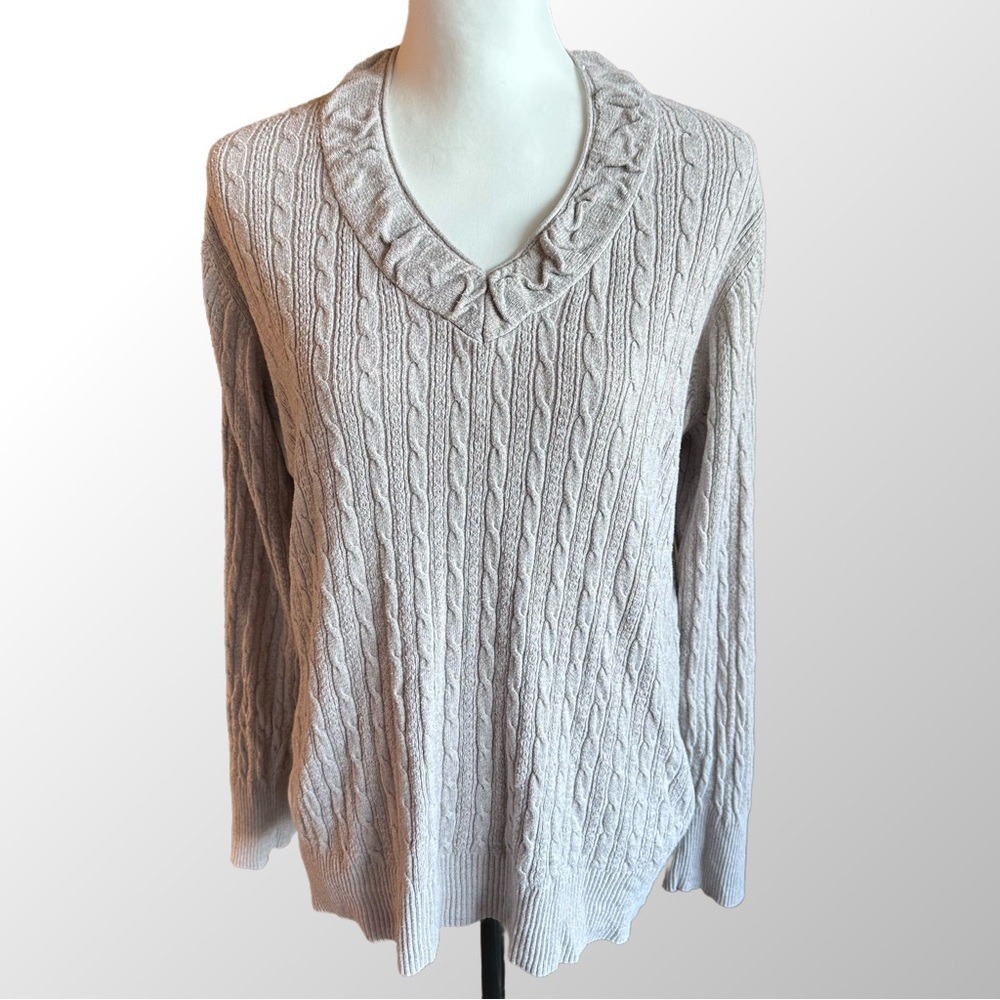 Eddie‎ Bauer Sweater Women XL Taupe Cable Knit Ruffle V-Neck Cotton Blend